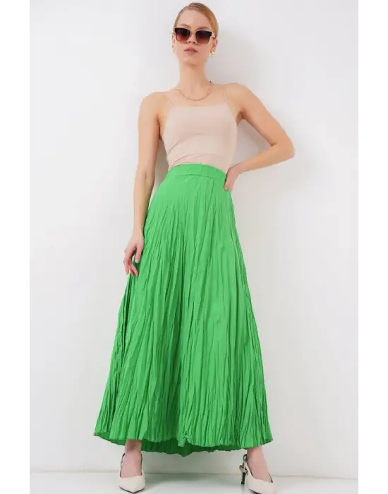 Uzun Kırışık Etek 8042 - Yeşil