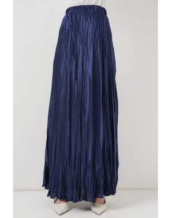 Uzun Kırışık Parlak Etek 8034 - D.Lacivert