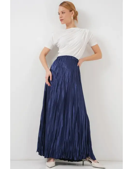 Uzun Kırışık Parlak Etek 8034 - D.Lacivert
