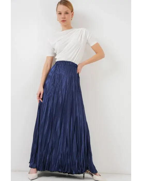 Uzun Kırışık Parlak Etek 8034 - D.Lacivert