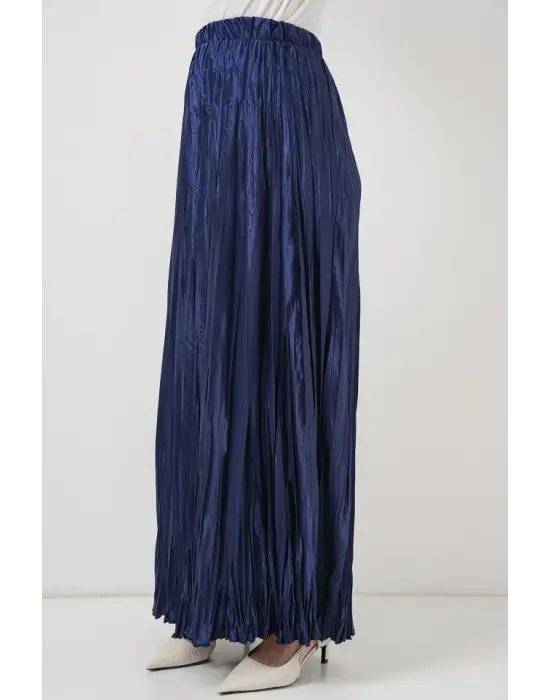 Uzun Kırışık Parlak Etek 8034 - D.Lacivert