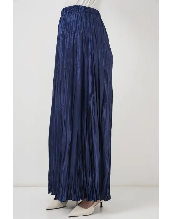 Uzun Kırışık Parlak Etek 8034 - D.Lacivert