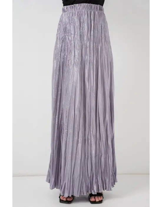 Uzun Kırışık Parlak Etek 8034 - Gri