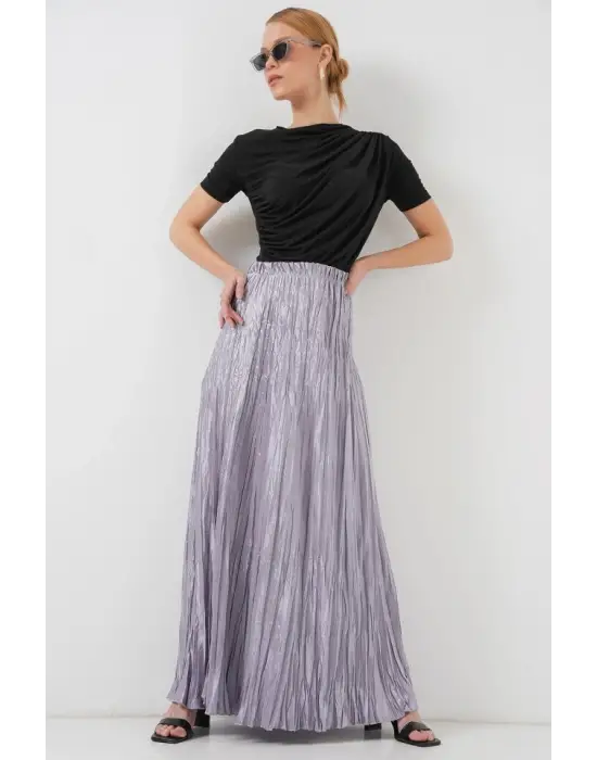 Uzun Kırışık Parlak Etek 8034 - Gri