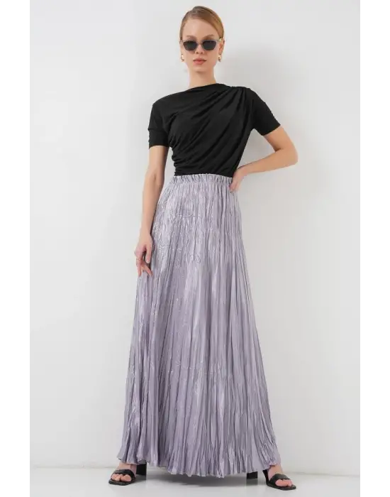 Uzun Kırışık Parlak Etek 8034 - Gri