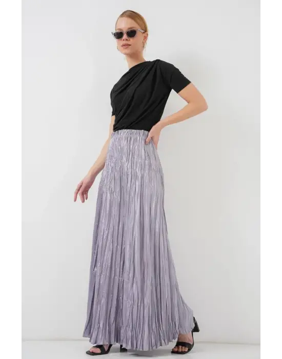 Uzun Kırışık Parlak Etek 8034 - Gri