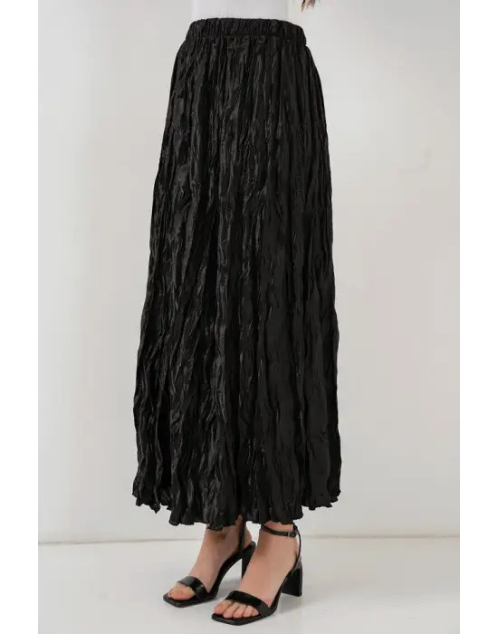 Uzun Kırışık Parlak Etek 8034 - Siyah