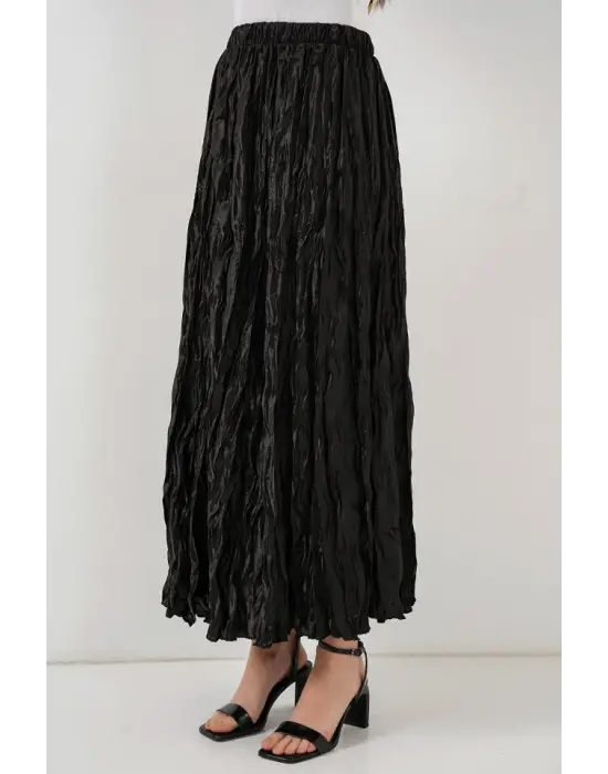 Uzun Kırışık Parlak Etek 8034 - Siyah