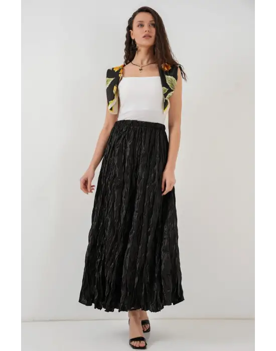 Uzun Kırışık Parlak Etek 8034 - Siyah