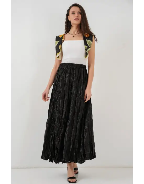 Uzun Kırışık Parlak Etek 8034 - Siyah