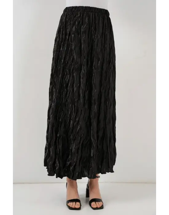 Uzun Kırışık Parlak Etek 8034 - Siyah