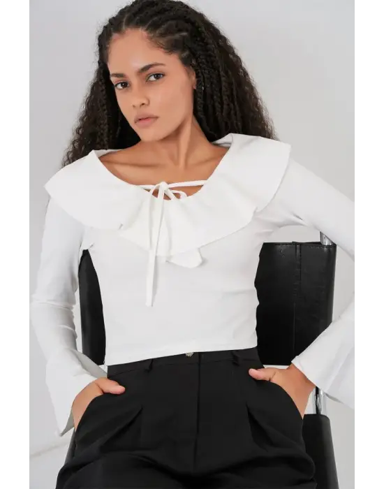 Uzun Kol Crop Bluz 979 - Beyaz