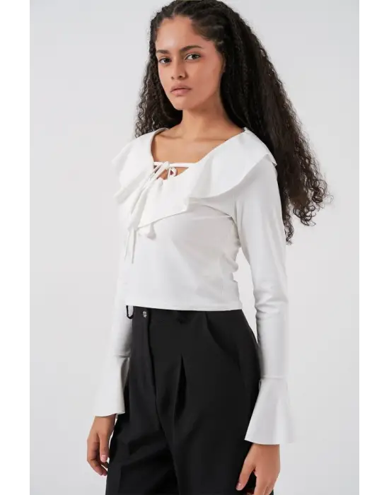 Uzun Kol Crop Bluz 979 - Beyaz