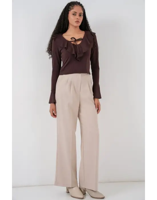 Uzun Kol Crop Bluz 979 - Kahverengi