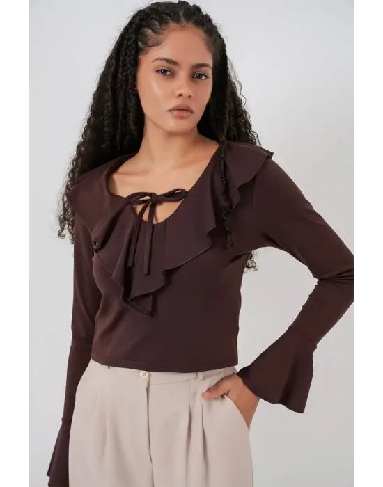 Uzun Kol Crop Bluz 979 - Kahverengi