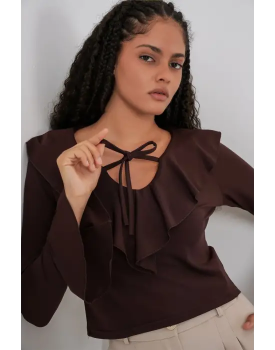 Uzun Kol Crop Bluz 979 - Kahverengi