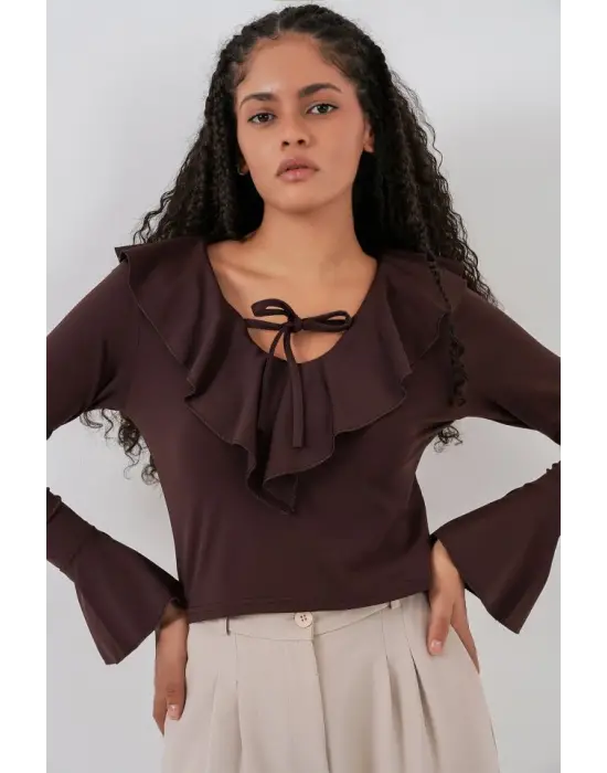 Uzun Kol Crop Bluz 979 - Kahverengi