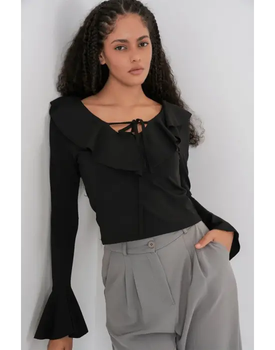 Uzun Kol Crop Bluz 979 - Siyah