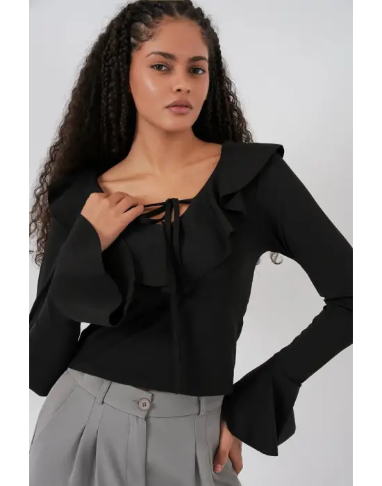 Uzun Kol Crop Bluz 979 - Siyah