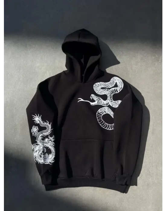 Omarı Siyah Kapşonlu Baskılı Sweatshirt