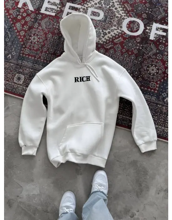 Uzun Kol Kapşonlu Göğüs Baskılı SweatShirt - Beyaz