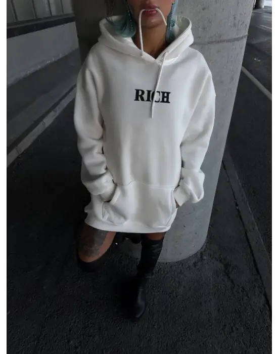 Uzun Kol Kapşonlu Göğüs Baskılı SweatShirt - Beyaz