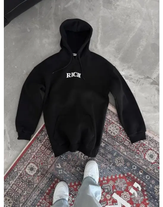 Uzun Kol Kapşonlu Göğüs Baskılı SweatShirt - Siyah