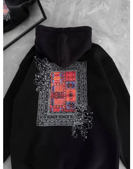 Uzun Kol Kapşonlu Ön Ve Arka Baskılı SweatShirt - Siyah