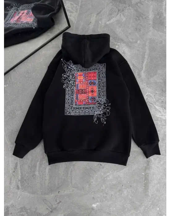 Uzun Kol Kapşonlu Ön Ve Arka Baskılı SweatShirt - Siyah