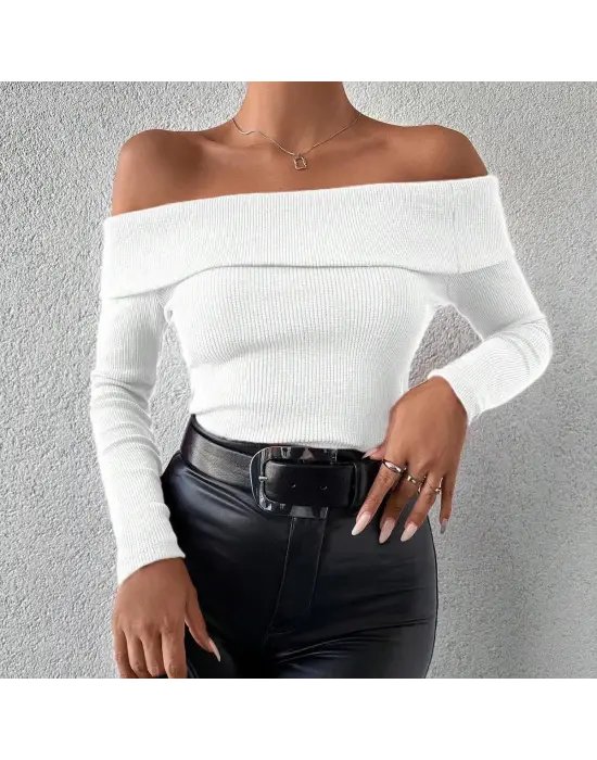 Uzun kol madonna yaka bluz beyaz