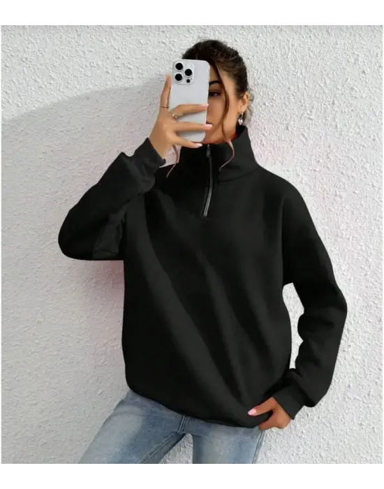 Omarı Uzun Kol Yarım Fermuarlı Siyah Sweatshirt