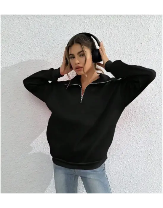 Omarı Uzun Kol Yarım Fermuarlı Siyah Sweatshirt