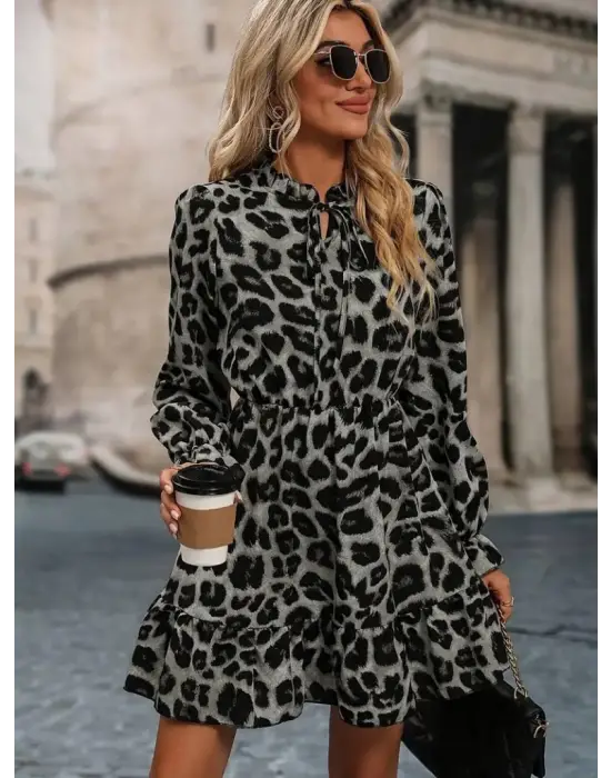 Omarı Kadın Uzun Kollu Bağlamalı Lastikli Elbise