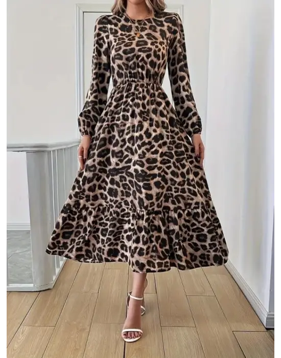 Uzun Kollu Bisiklet Yaka Leopar Desenli Midi Süprem Elbise