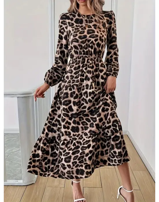 Uzun Kollu Bisiklet Yaka Leopar Desenli Midi Süprem Elbise