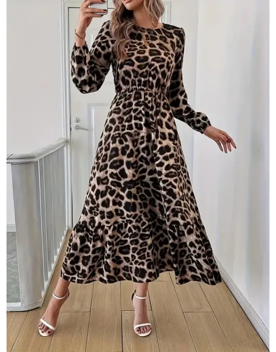 Uzun Kollu Bisiklet Yaka Leopar Desenli Midi Süprem Elbise