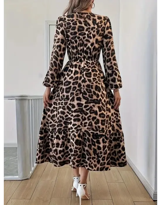 Uzun Kollu Bisiklet Yaka Leopar Desenli Midi Süprem Elbise