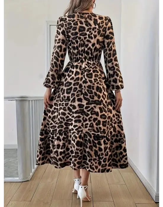 Uzun Kollu Bisiklet Yaka Leopar Desenli Midi Süprem Elbise