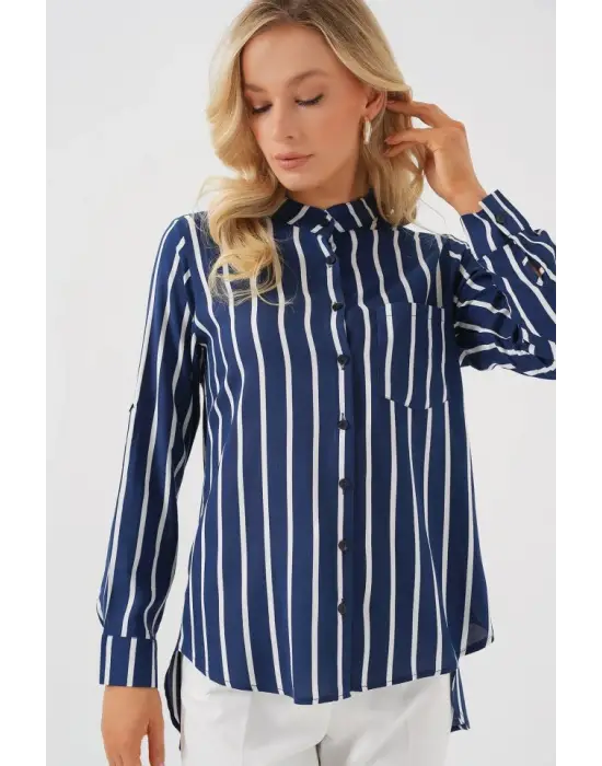Uzun Kollu Çizgili Gömlek 20283 - A.Lacivert