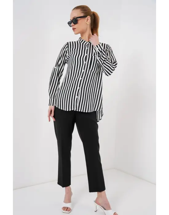 Uzun Kollu Çizgili Gömlek 20283 - Beyaz