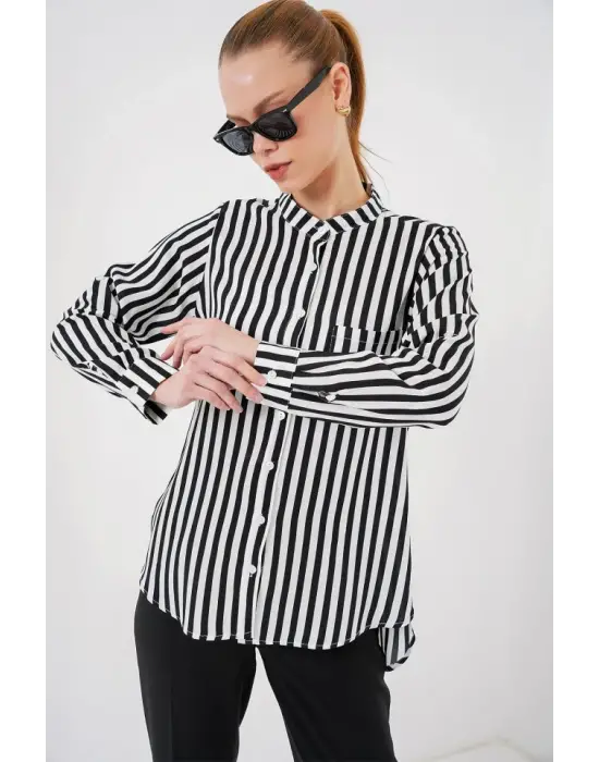 Uzun Kollu Çizgili Gömlek 20283 - Beyaz