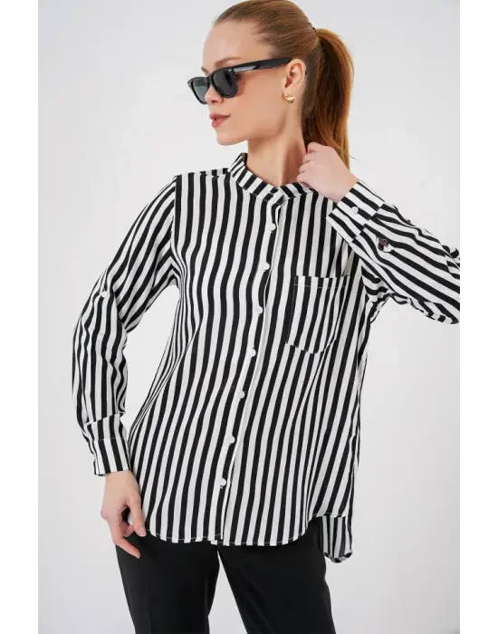 Uzun Kollu Çizgili Gömlek 20283 - Beyaz
