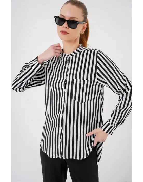 Uzun Kollu Çizgili Gömlek 20283 - Beyaz
