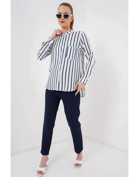 Uzun Kollu Çizgili Gömlek 20283 - B.Lacivert