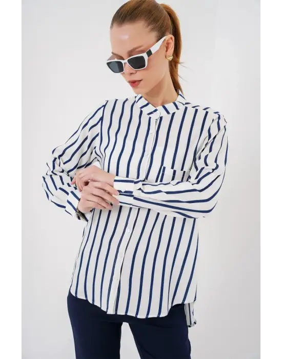 Uzun Kollu Çizgili Gömlek 20283 - B.Lacivert