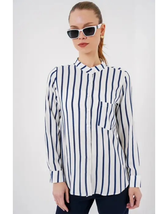 Uzun Kollu Çizgili Gömlek 20283 - B.Lacivert
