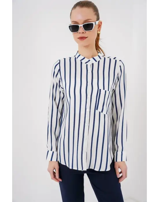 Uzun Kollu Çizgili Gömlek 20283 - B.Lacivert