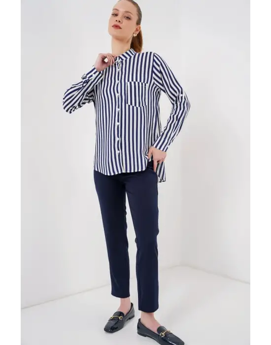 Uzun Kollu Çizgili Gömlek 20283 - Lacivert