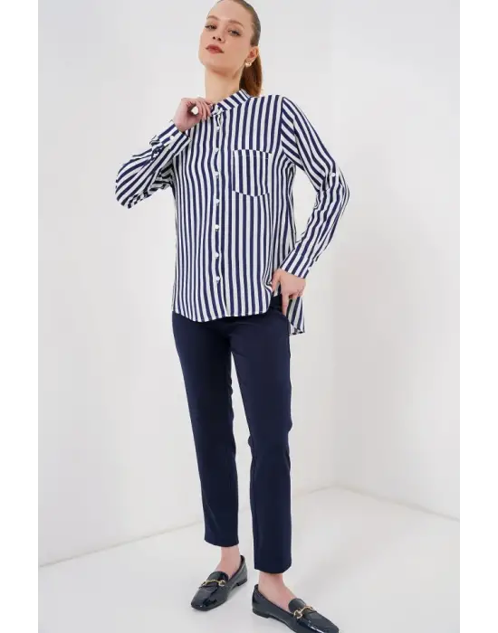 Uzun Kollu Çizgili Gömlek 20283 - Lacivert