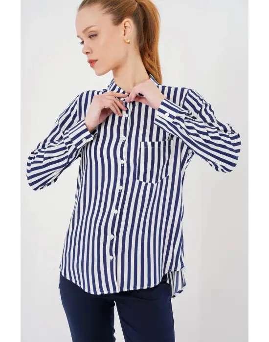 Uzun Kollu Çizgili Gömlek 20283 - Lacivert